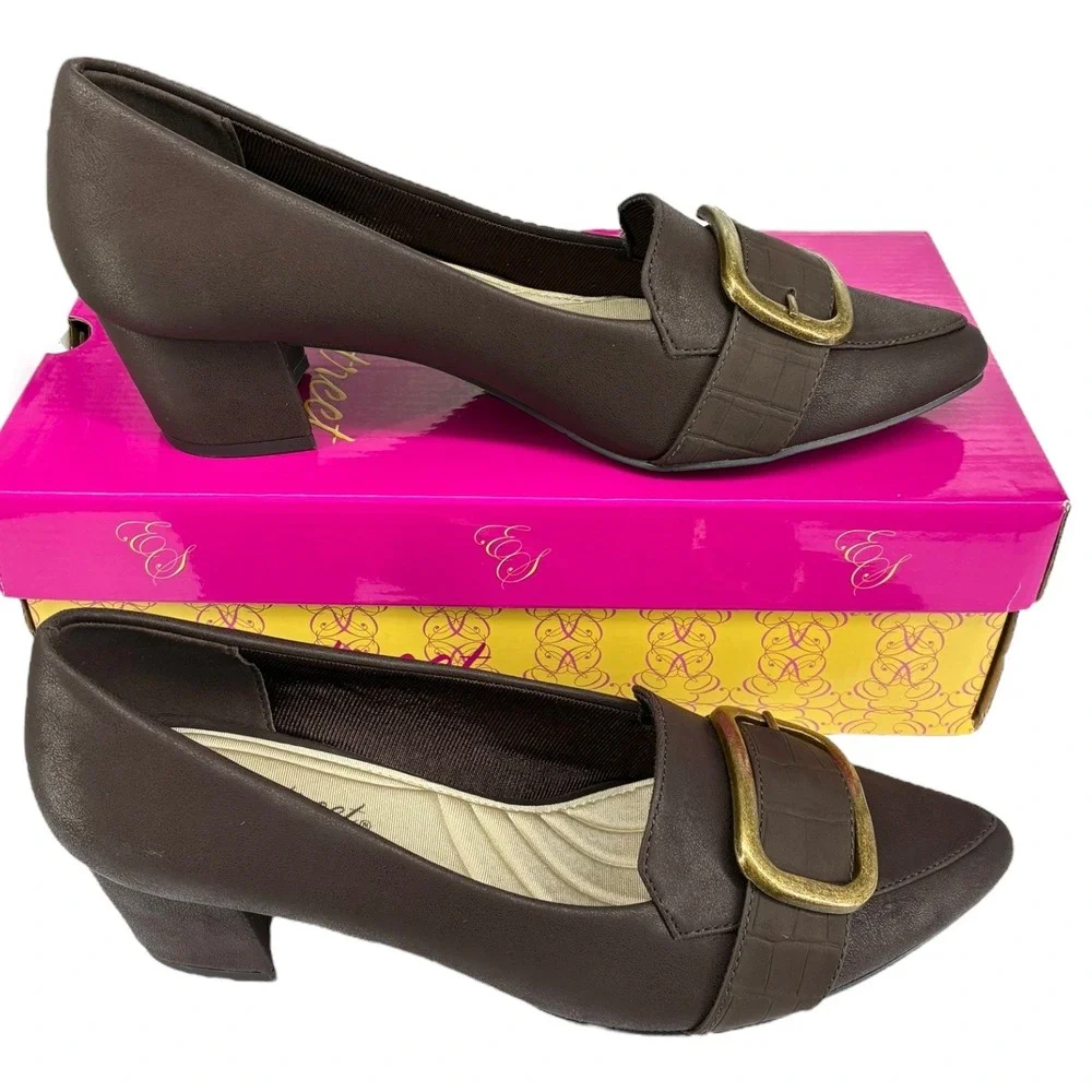 Easy Street Aster Brown Croco Buckle Pumps Comfort Block‎ Heel 8.5M